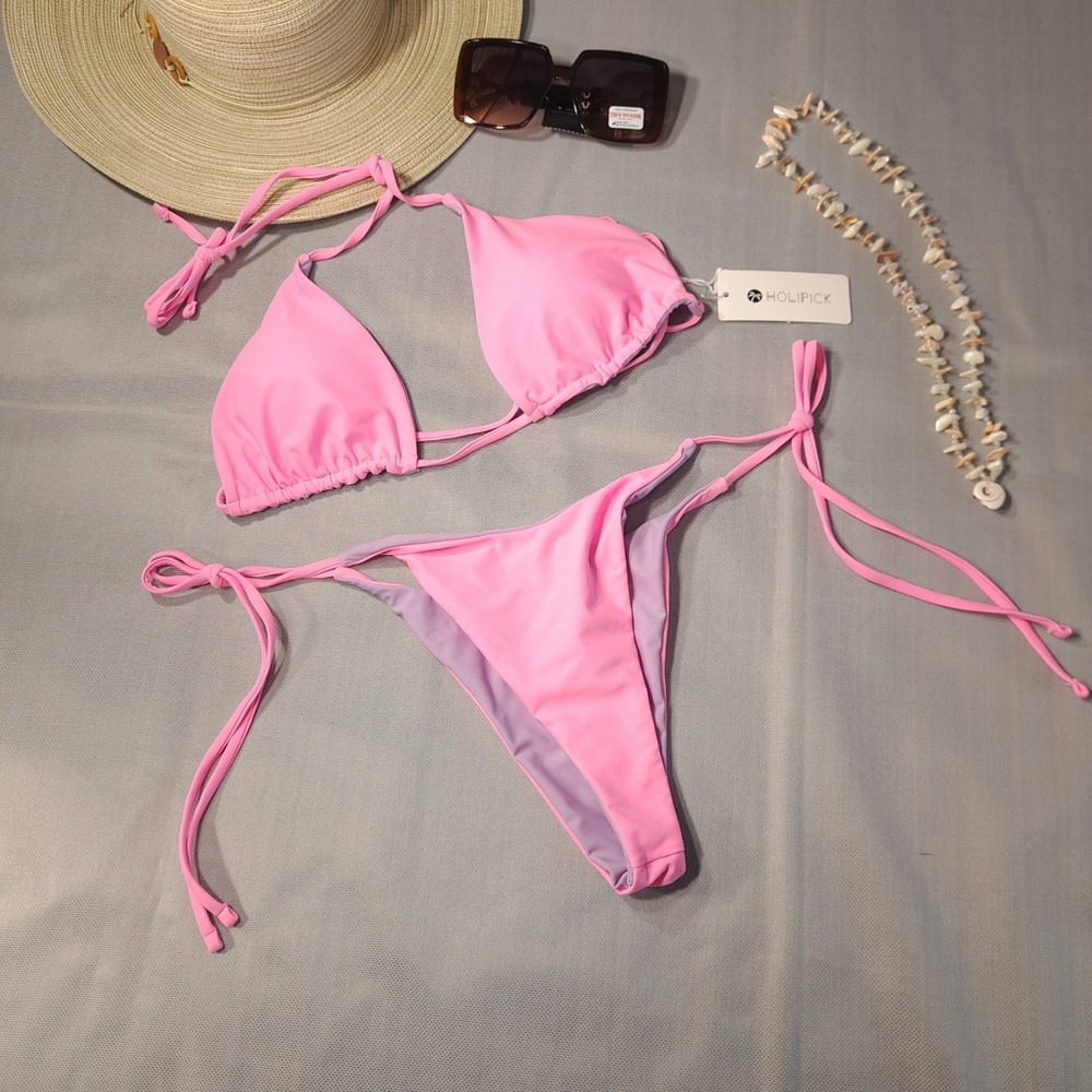 Holipick Women's Reversible Bikini Two-Piece String Strappy Set‎ Pink/Purple L